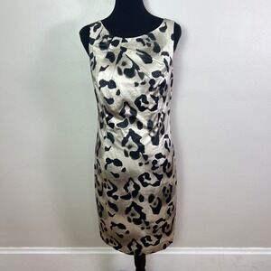 Ann Taylor Sheath Dress Leopard Print Sleeveless Bow Neck Knee Length, Size 8
